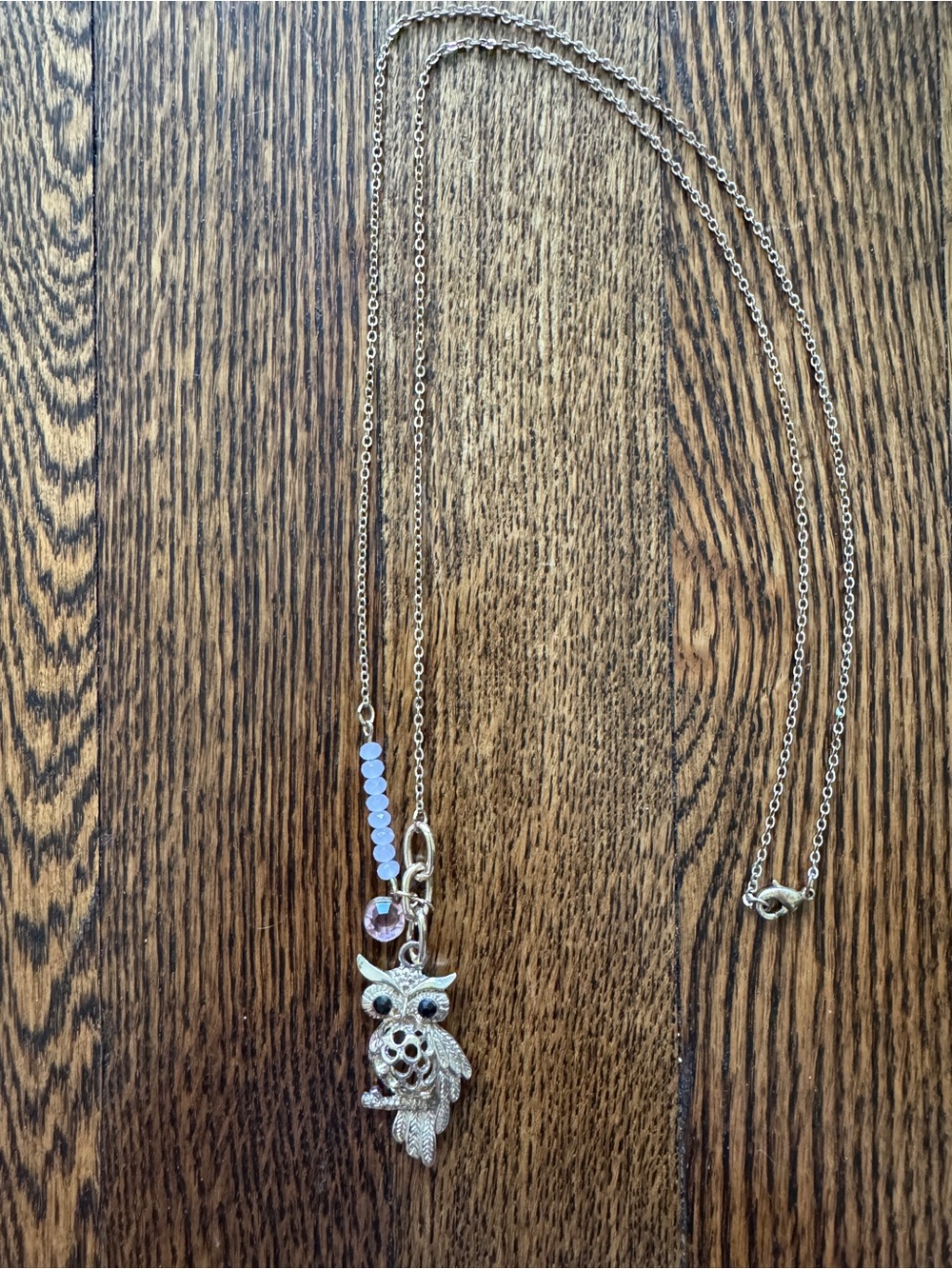 Gold Owl Pendant Necklace with Pink Accent Beads